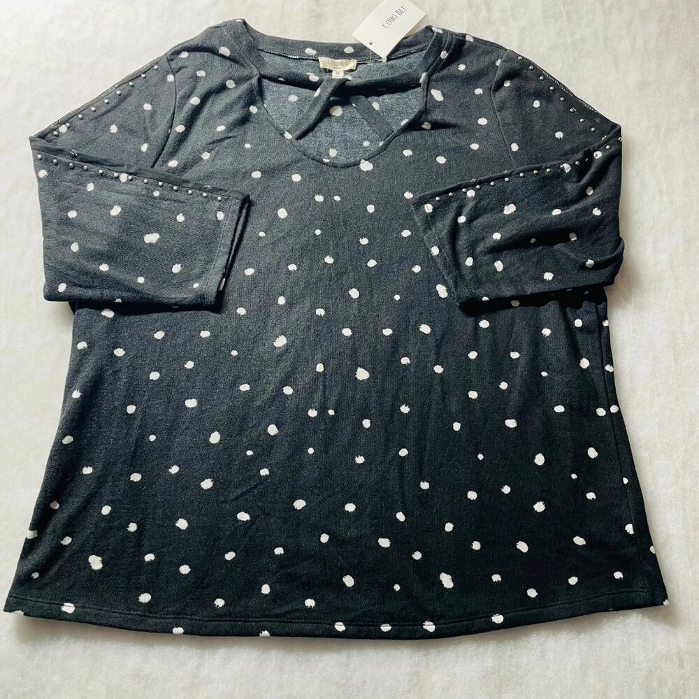 NWT Como Blu Womens Black Mesh Studded Detailing Polka Dot Blouse Top Size 3X